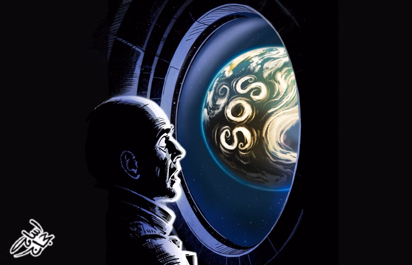 This cartoon by Osama Hajjaj was published on the front page of Le Monde on April 7. It represents an astronaut looking at Earth from space and a massive cloud formation spells S O S
